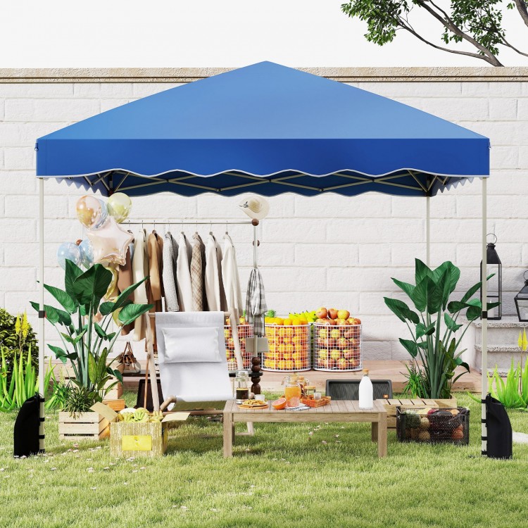 Foldable 10 x 10 feet blue pop-up canopy tent set up for outdoor events, featuring sturdy construction and UPF50+ sun.