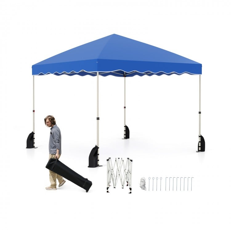 Foldable 10x10 feet blue pop-up canopy tent with wheeled bag, ideal for outdoor events and easy transport.