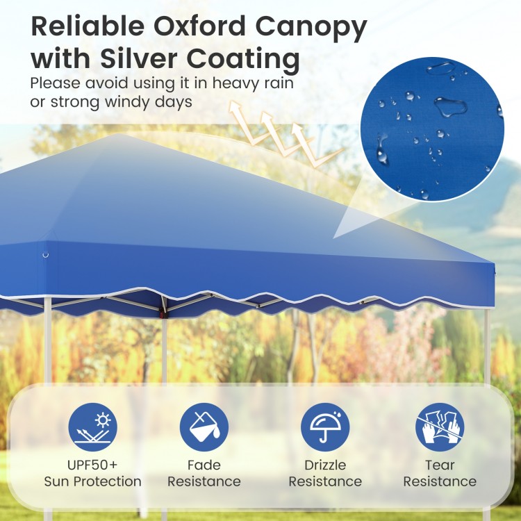 Blue foldable 10x10 feet pop-up canopy tent with silver coating, offering UPF50+ sun protection and fade resistance.