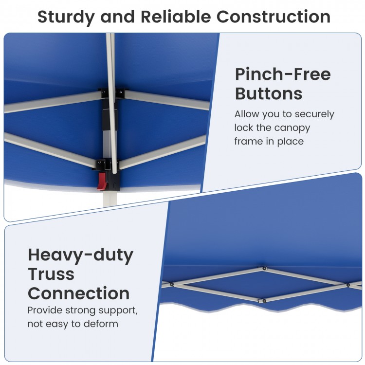Close-up of the sturdy truss connection of the blue foldable pop-up canopy tent, ensuring strong support and durability.