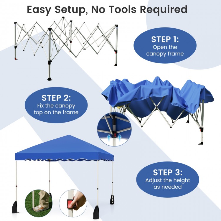 Foldable 10x10 feet pop-up canopy tent in blue, showcasing easy setup steps for outdoor events and activities.