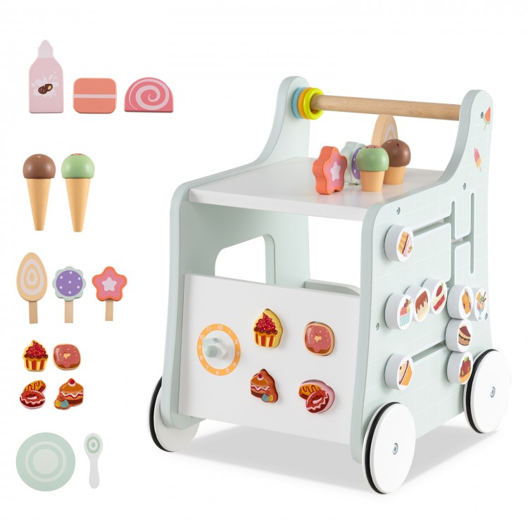 Light green 2-in-1 baby walker with storage and colorful ice creams, designed for imaginative play and cognitive.