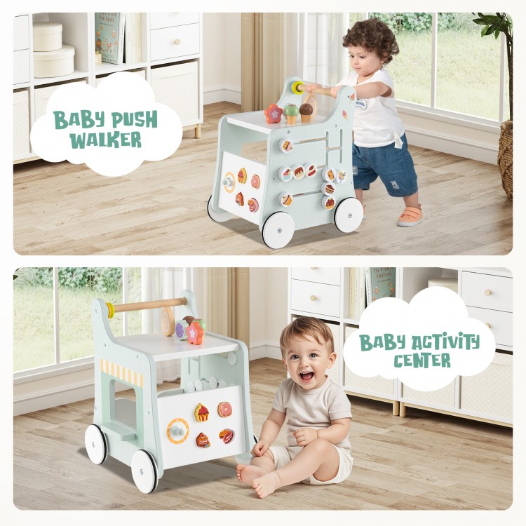 2-in-1 baby push walker in light green with storage, featuring colorful dessert sorter and non-slip wheels for safety.