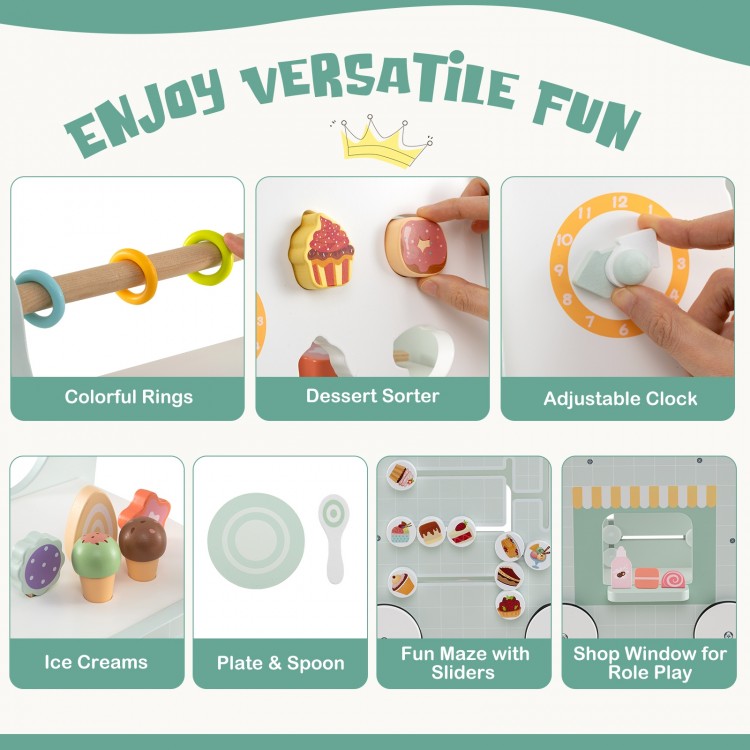 Colorful dessert sorter and adjustable clock on the 2-in-1 baby walker, perfect for imaginative play and cognitive.