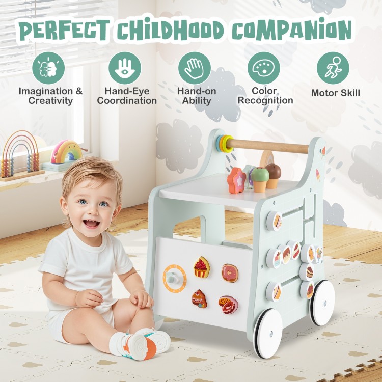 Light green 2-in-1 baby walker with storage and colorful dessert sorter, designed for cognitive development and safe.