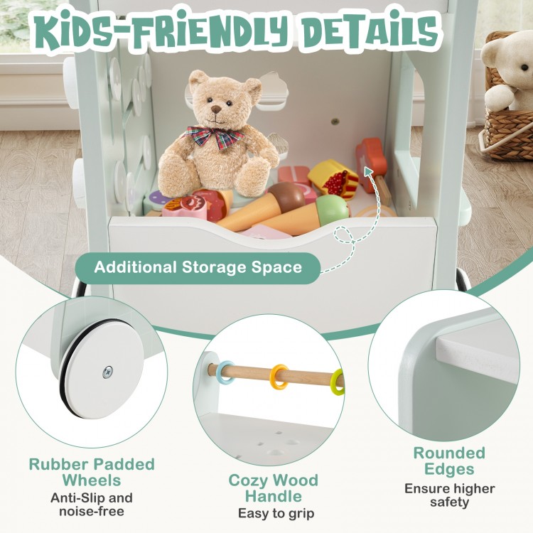 2-in-1 baby walker in light green with storage, rubber padded wheels, and rounded edges for safe play and walking.