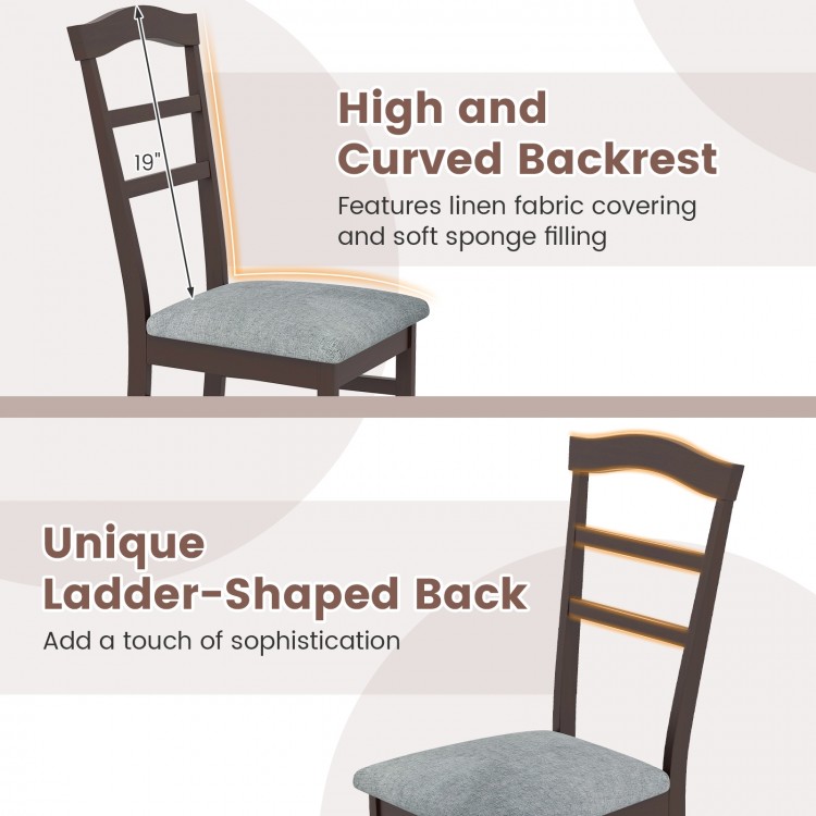 Wooden dining chair with high curved backrest and linen fabric upholstery, ideal for kitchen or farmhouse decor.