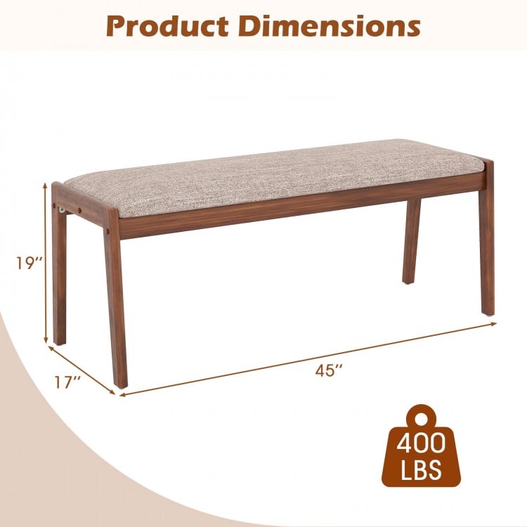 Backless 45-inch farmhouse bench with rubber wood legs and beige fabric padded seat, ideal for entryway or dining room.