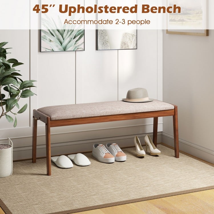 Beige 45-inch farmhouse backless bench with rubber wood legs, padded seat, ideal for entryway or dining room seating.