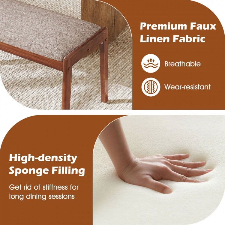 Backless 45-inch farmhouse bench with rubber wood legs, padded beige faux linen seat for dining room comfort.