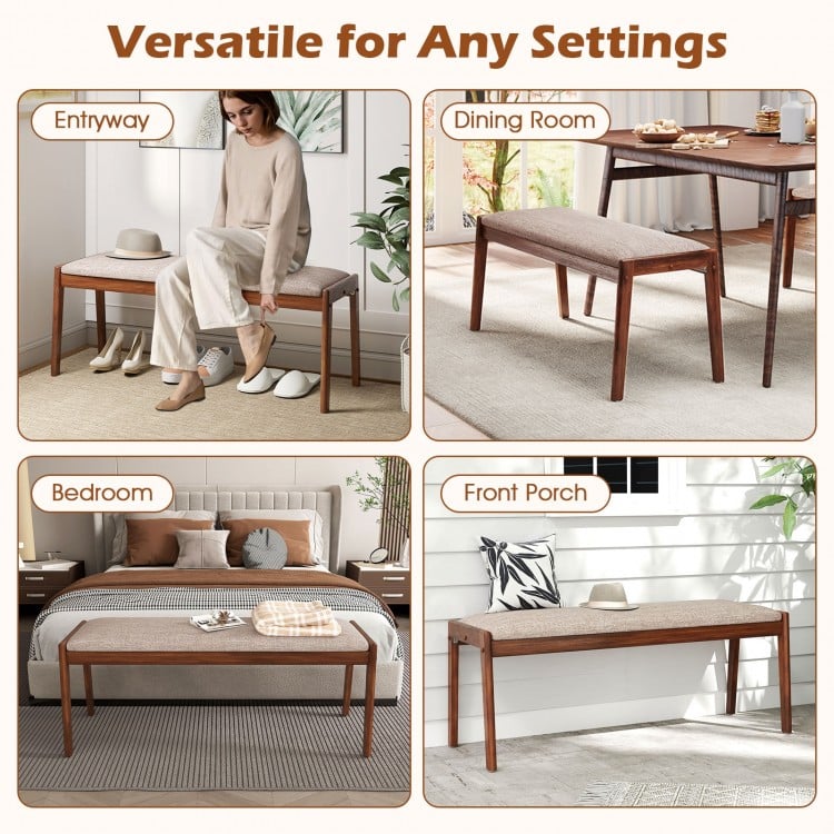 Beige 45-inch farmhouse backless bench with rubber wood legs, padded seat, ideal for entryway or dining room use.