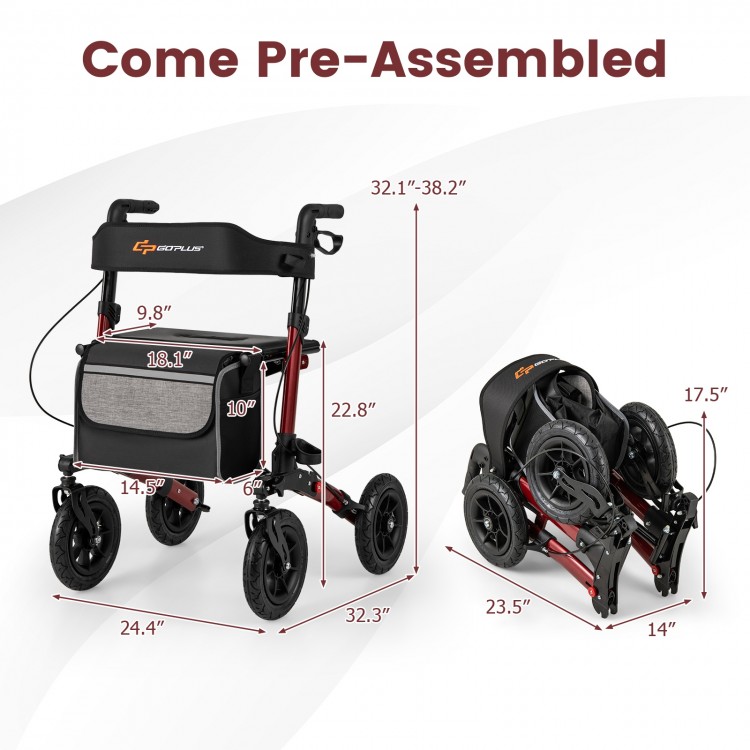 Folding rollator walker for seniors in red, featuring a seat, adjustable height, and large anti-vibration tires.