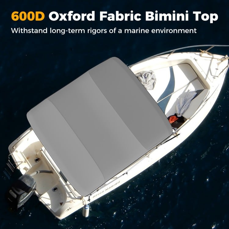 4-bow boat bimini top in gray, made of 600D oxford fabric, designed for marine durability and easy installation.