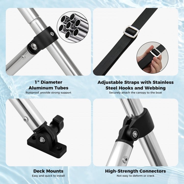 Detail of adjustable straps and high-strength connectors for the 4-bow boat bimini top sun shade, ensuring secure.