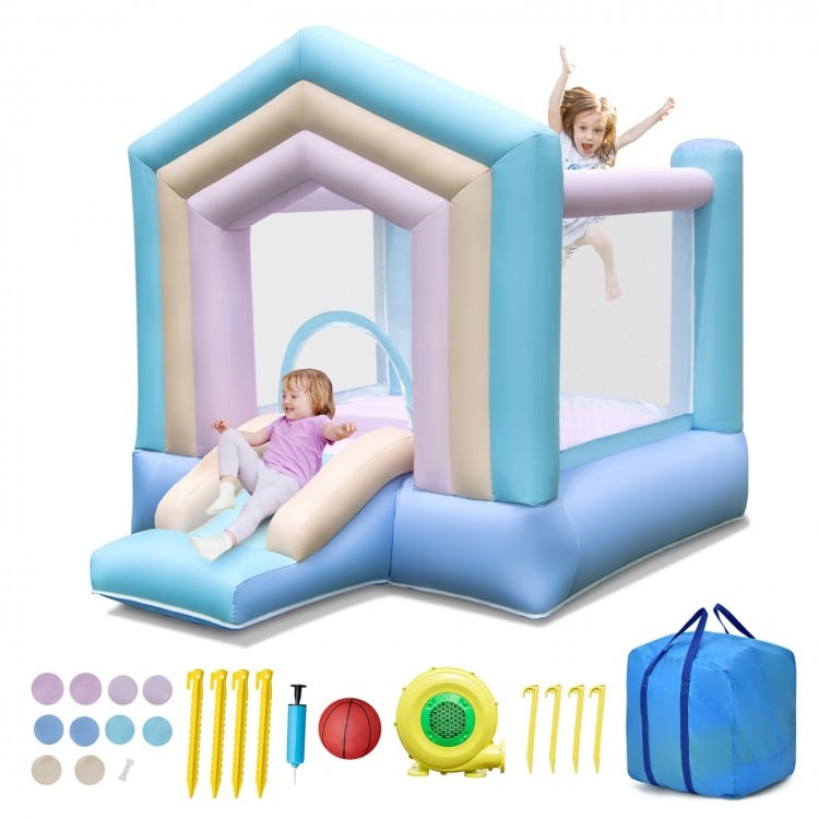 Kids bounce house with slide and basketball rim, made of tear-proof PVC, perfect for energetic playtime fun.