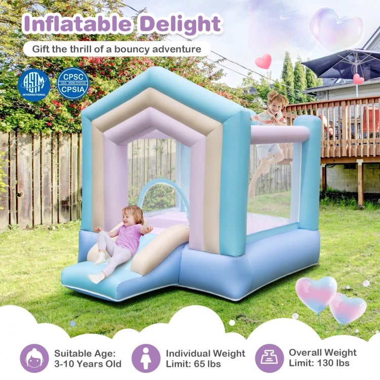 Kids bounce house with slide and basketball rim, made of tear-proof 840D PVC, perfect for outdoor fun and playtime.