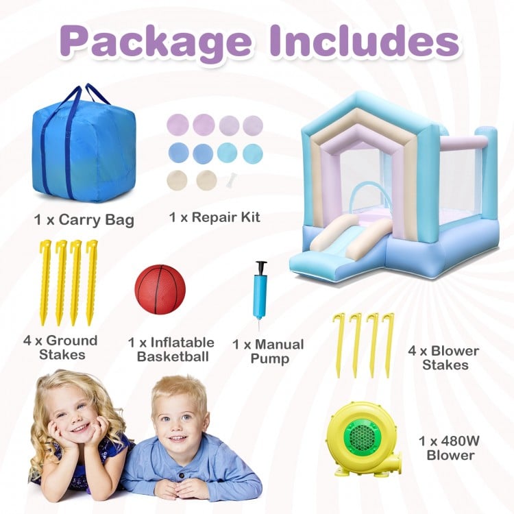 Kids bounce house with slide and basketball rim, includes carry bag, repair kit, and 480W blower for outdoor fun.
