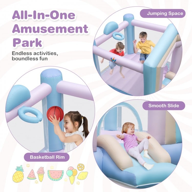 Basketball rim detail on the kids bounce house, featuring pastel colors and a smooth slide for endless fun.