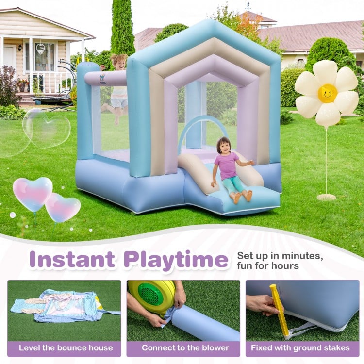 Kids bounce house with slide and basketball rim, made of tear-proof PVC, perfect for outdoor playtime fun.