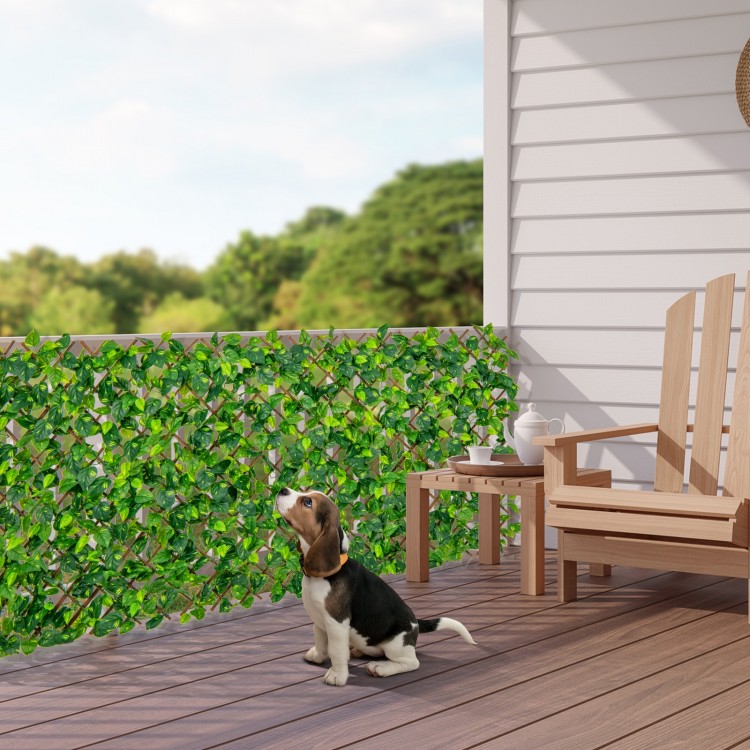 Expandable fence privacy screen with faux ivy leaves and real willow frame, ideal for balcony or yard privacy.