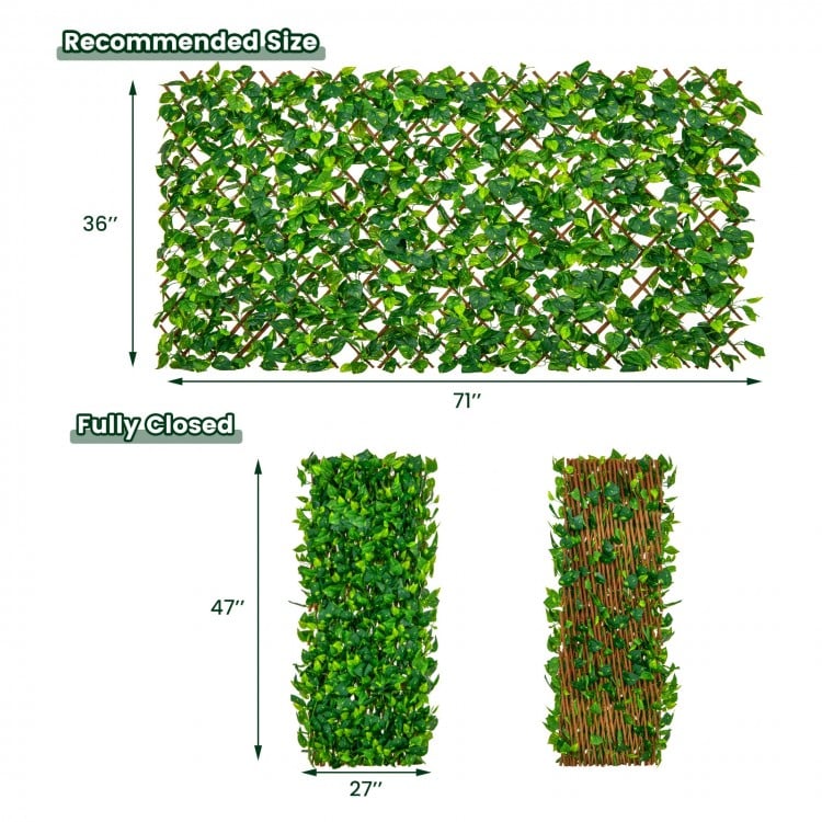 Expandable fence privacy screen with faux ivy leaves and real willow frame, ideal for indoor and outdoor use.