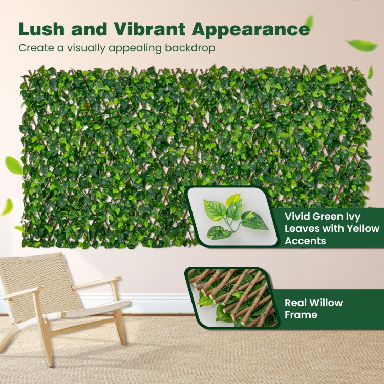 Expandable fence privacy screen featuring realistic faux ivy leaves with yellow accents on a real willow frame for.