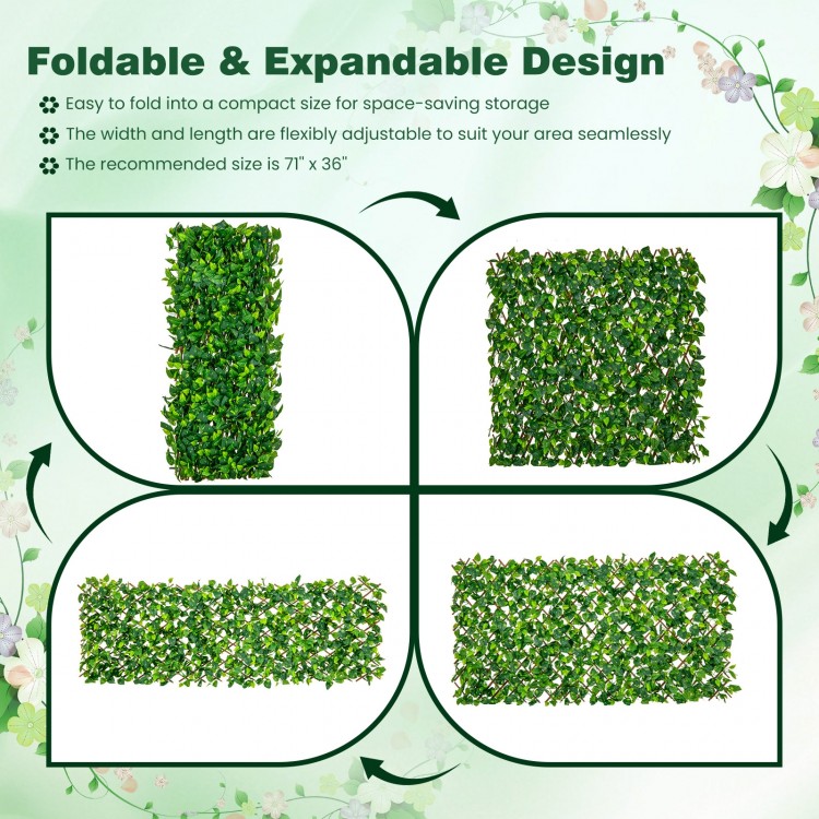 Expandable fence privacy screen featuring faux ivy leaves and real willow frame, adjustable size for versatile use.