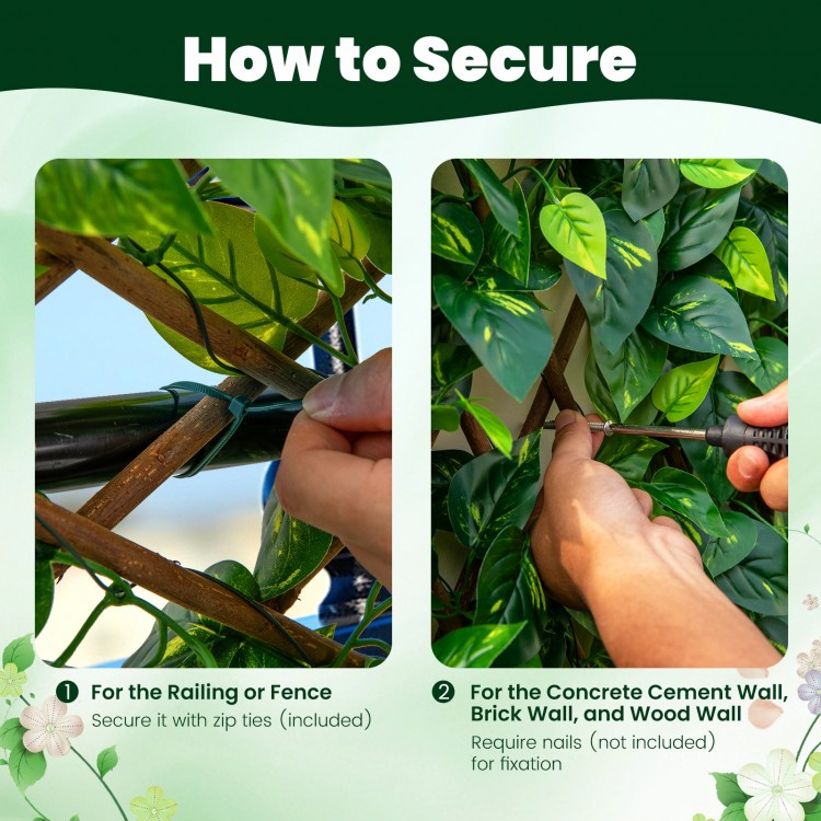 Expandable fence privacy screen with faux leaves and real willow frame, secured with zip ties for easy installation.