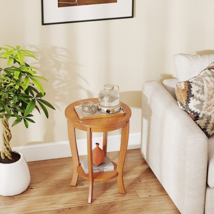 Round end table with solid rubber wood legs, featuring a 2-tier design for storage, perfect for living room or bedroom.