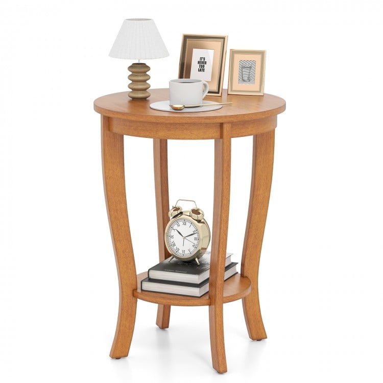 2-tier round end table with solid rubber wood legs in natural finish, perfect for living room or bedroom storage.