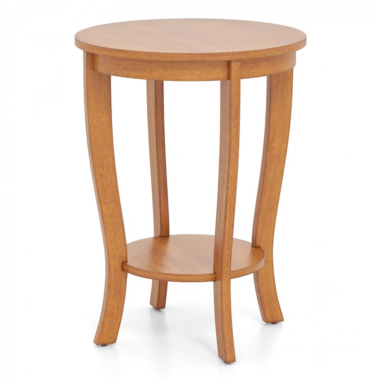 Round end table with smooth surface and rubber wood legs, designed for compact spaces and mid-century modern charm.