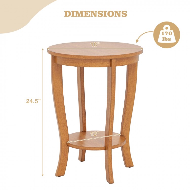 2-tier round end table with solid rubber wood legs, natural finish, perfect for living room or bedroom storage.