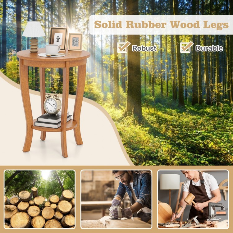 2-tier round end table with solid rubber wood legs, featuring a mid-century modern design for living room or bedroom.