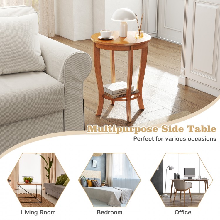 2-tier round side table with solid rubber wood legs in natural finish, perfect for living room, bedroom, or office use.