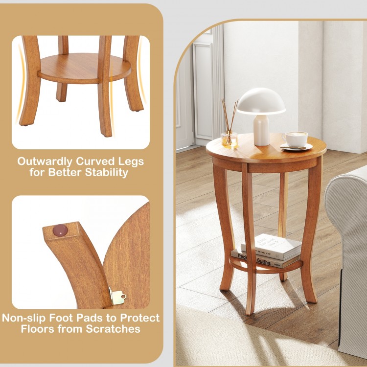 Round end table with solid rubber wood legs, featuring non-slip foot pads for stability and a mid-century modern design.