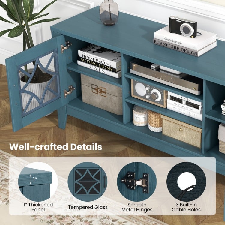 Teal blue farmhouse TV stand with geometric glass doors, adjustable shelves, and built-in cable holes for organized.