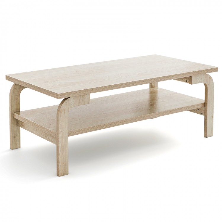 Rectangular 47-inch natural wood coffee table with open shelves, perfect for living room gatherings and stylish decor.