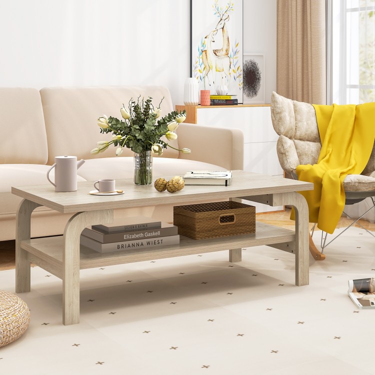 Rectangular 47-inch natural accent coffee table with open shelves, ideal for living room gatherings and stylish decor.