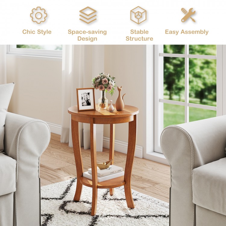 2-tier round end table with solid rubber wood legs in natural finish, ideal for compact spaces in living rooms or.