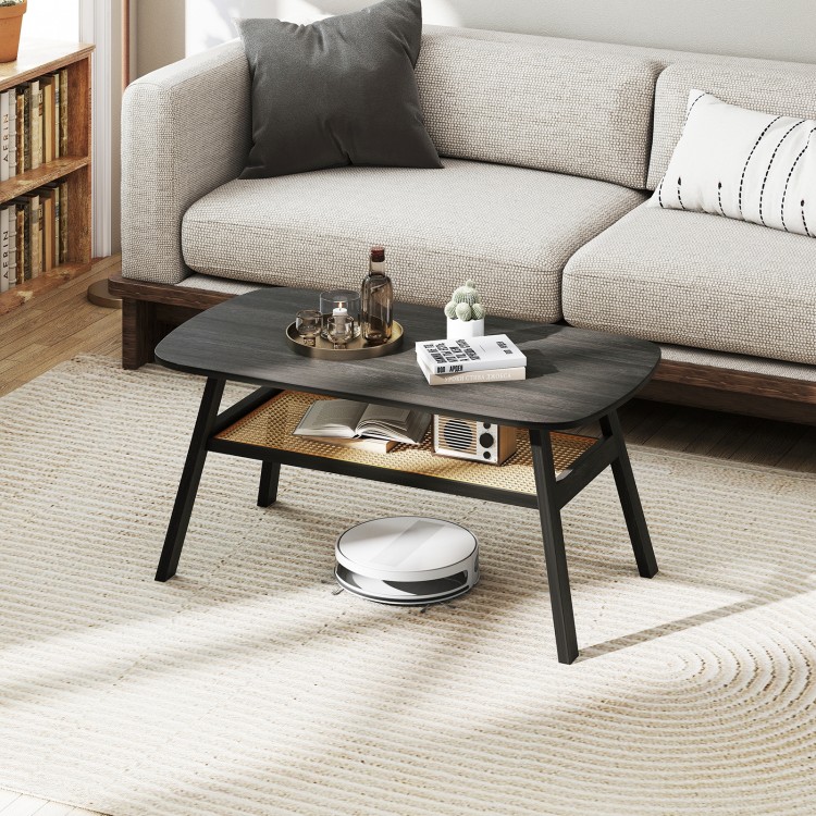 2-tier rectangular coffee table in dark gray with rattan storage shelf and rubber wood legs, perfect for stylish living.