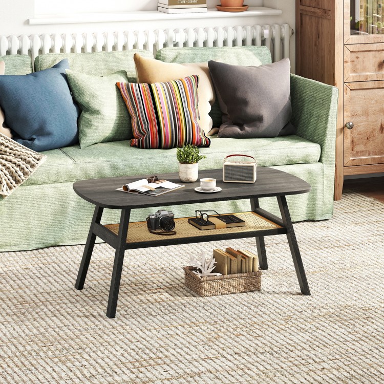 Dark gray 2-tier rectangular coffee table with rattan storage shelf and rubber wood legs, perfect for living room decor.