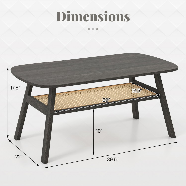 2-tier rectangular coffee table in dark gray with rattan shelf, rubber wood legs, and dimensions for easy placement.