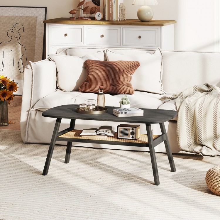 Rectangular coffee table in dark gray with rattan storage shelf, rubber wood legs, and a warm wood-grain surface for.