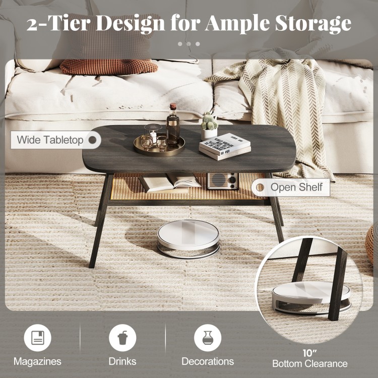 2-Tier Rectangular Center Coffee Table with Rattan Storage Shelf and Rubber Wood Legs - Gallery View 7 of 9