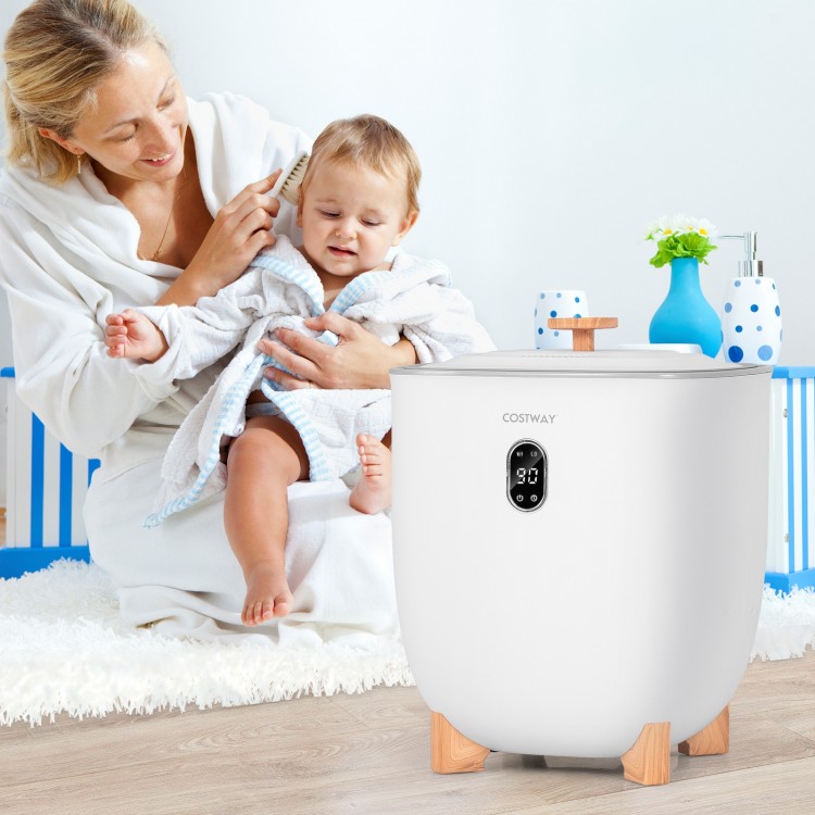 Towel warmer bucket with LCD display and wood legs, ideal for heating towels and blankets in just 6 minutes.