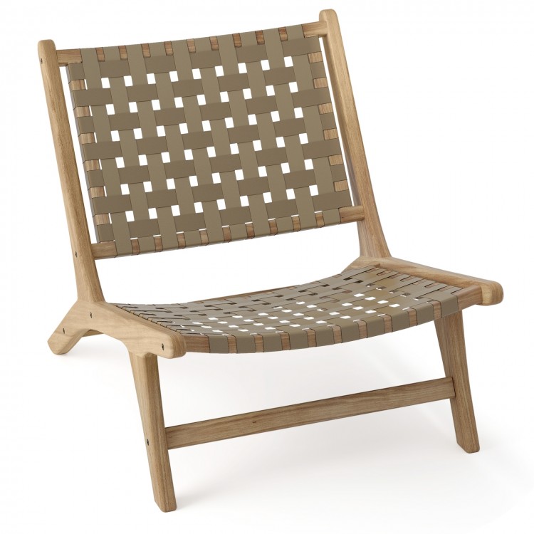 Modern armless lounge chair in teak wood with brown nylon woven backrest, ideal for living rooms and porches.