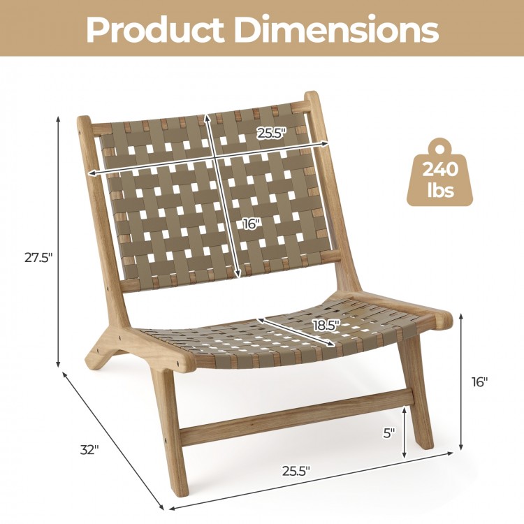 Modern armless teak wood lounge chair dimensions with nylon woven backrest, ideal for living rooms and porches.