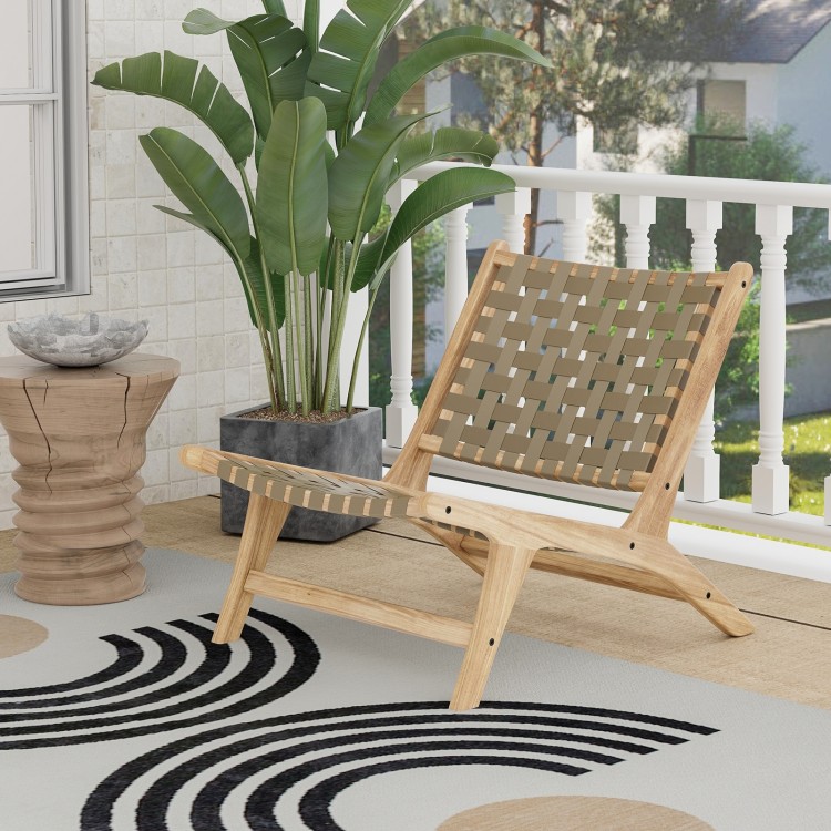 Modern armless teak wood lounge chair with brown nylon woven backrest, ideal for porches and decks.