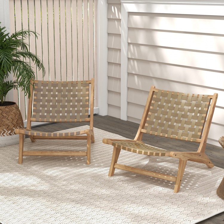 Two modern armless lounge chairs made of teak wood with nylon woven seats, perfect for living rooms or porches.