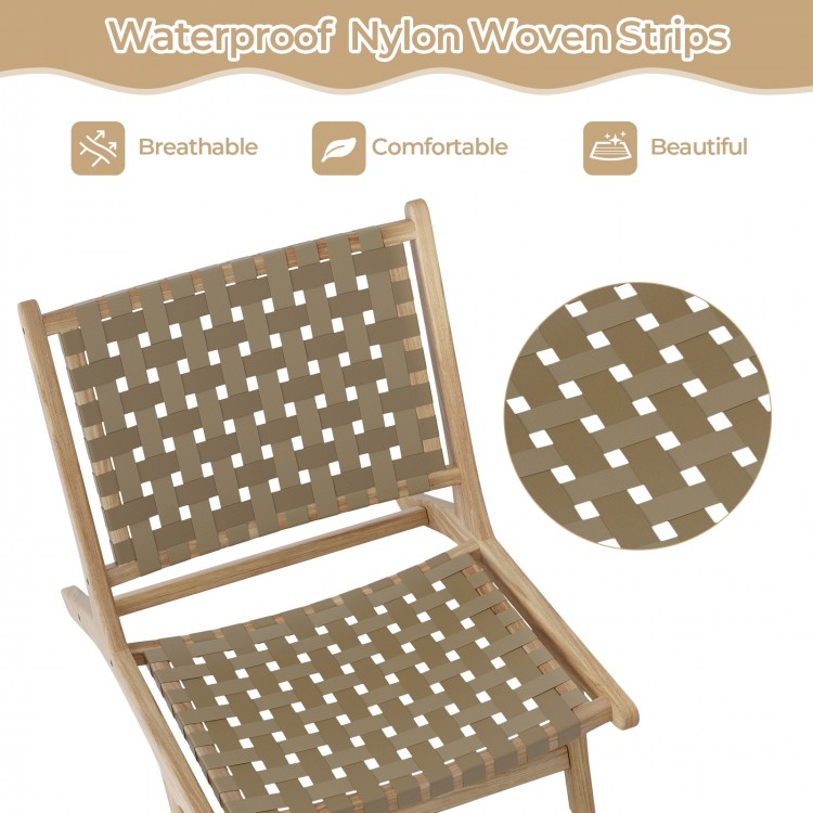 Brown nylon woven seat of a modern armless teak wood lounge chair, designed for comfort and style in various settings.